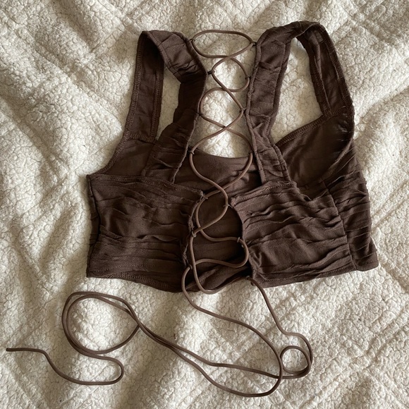 brown cropped top with lace up back - Picture 3 of 3